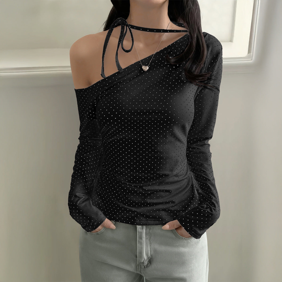 Versatile Cat-Print Lace-Up Long-Sleeve T-Shirt For Women