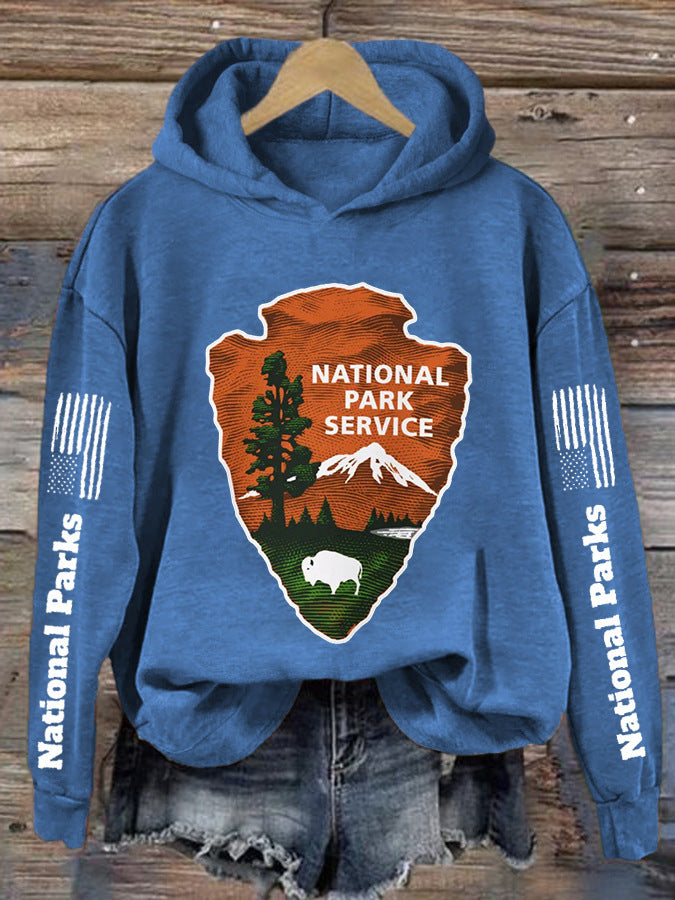 Womens Hooded Sweatshirt With A Forest And Mountain Peaks Design