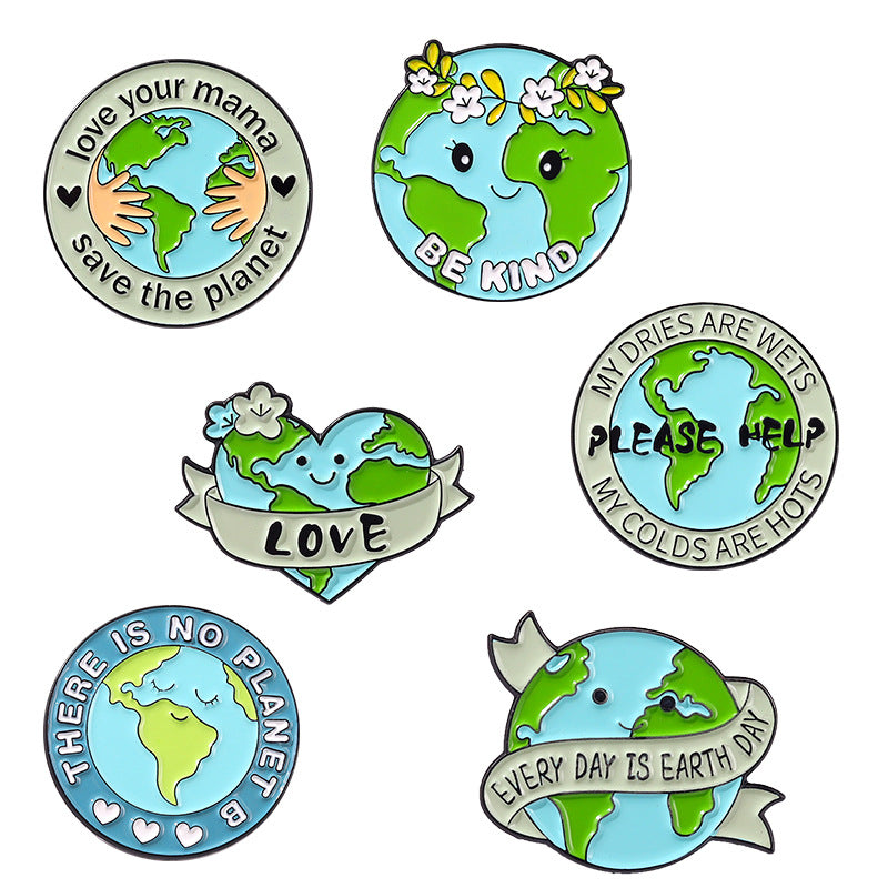 Earth Protection Text Badge Heart-Shaped Plant Pin Brooch