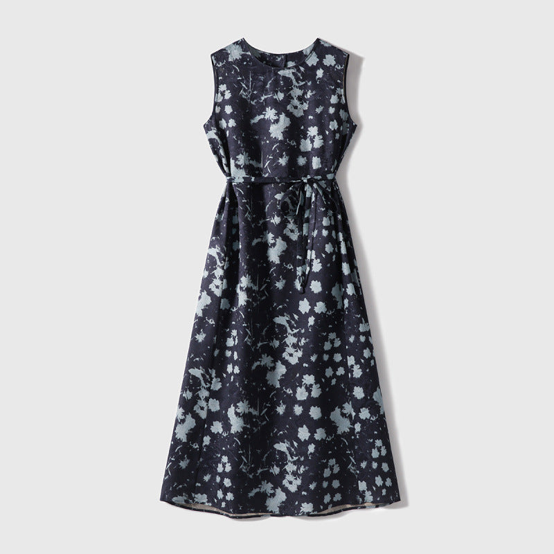 Printed Waist-Cinching Sleeveless Dress For Women