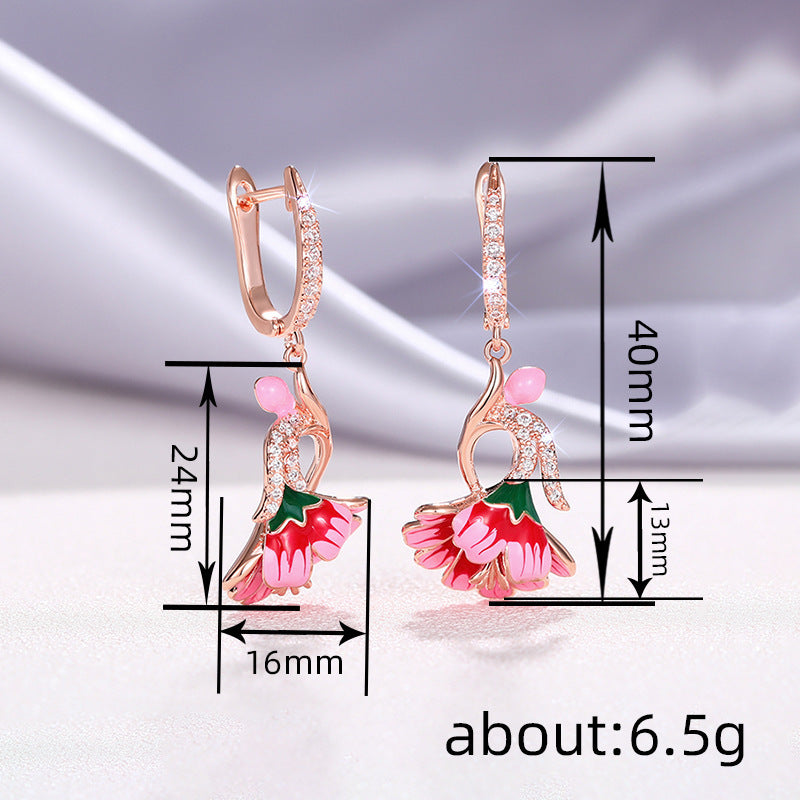 Dainty Flower Earrings Oil-Drip Floral Design With Zircon Inlays