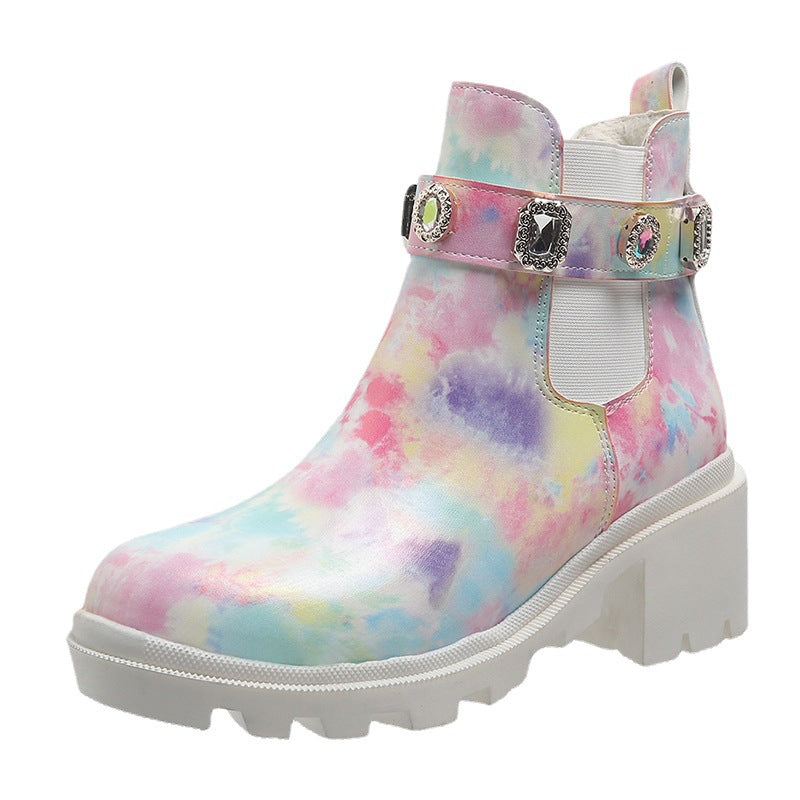 Euro-American Fashion Rhinestone Chunky-heel Trendy Boots
