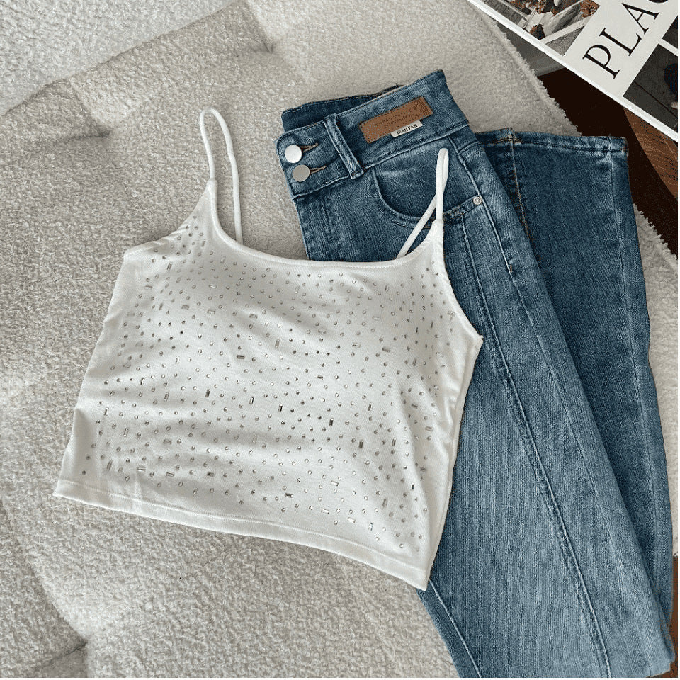Womens High-waisted Midriff-baring Top With A Square Neckline Featuring A Double-layer Mesh Design