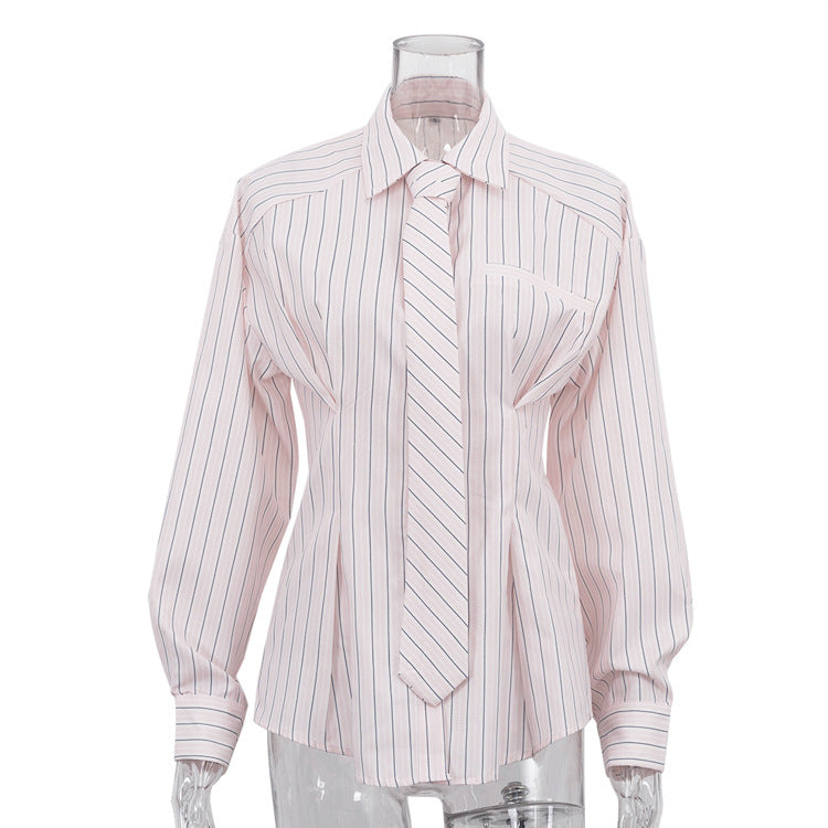 Turn-down Collar Long-sleeve Striped Shirt With Tie