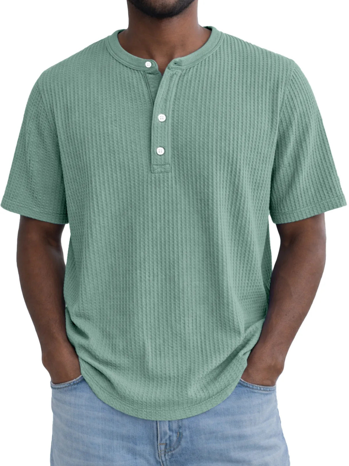 Short-Sleeve Waffle-Weave Henry Collar T-Shirt