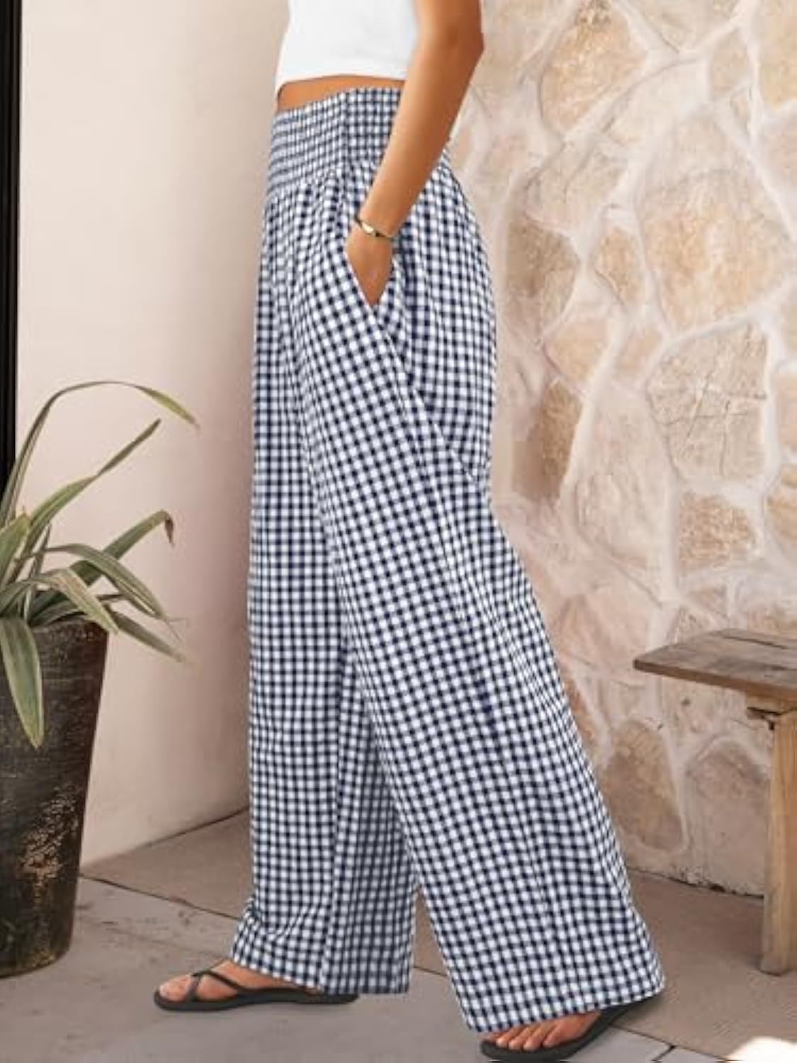 Plaid Casual Trousers Loose-fit Womens Fashion Wide-leg Pants With Pockets