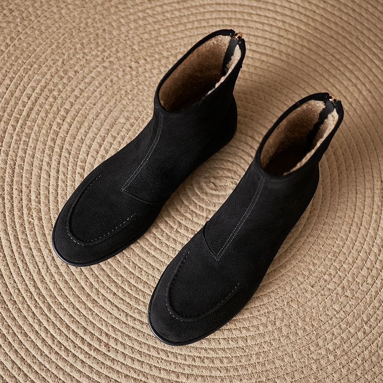 Womens Fleece-Lined Thick Simple Stylish Round-Toe Low-Heel Ankle Boots For FallWinter