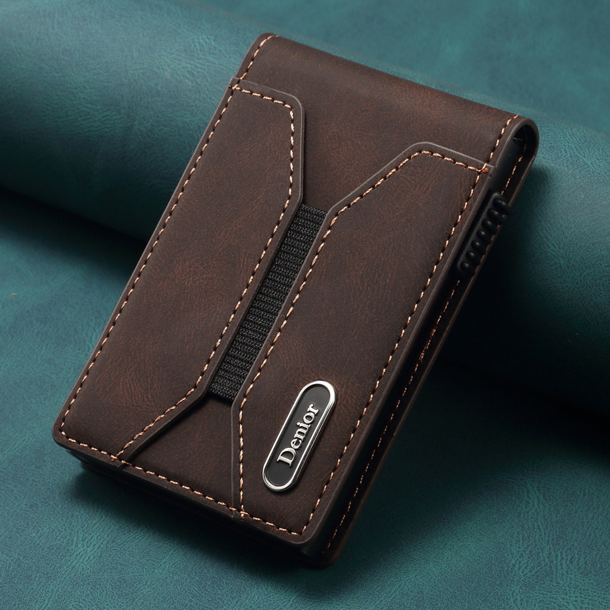 Smooth Leather Button-operated Automatic Pop-up Card Case With Elastic Band Wallet