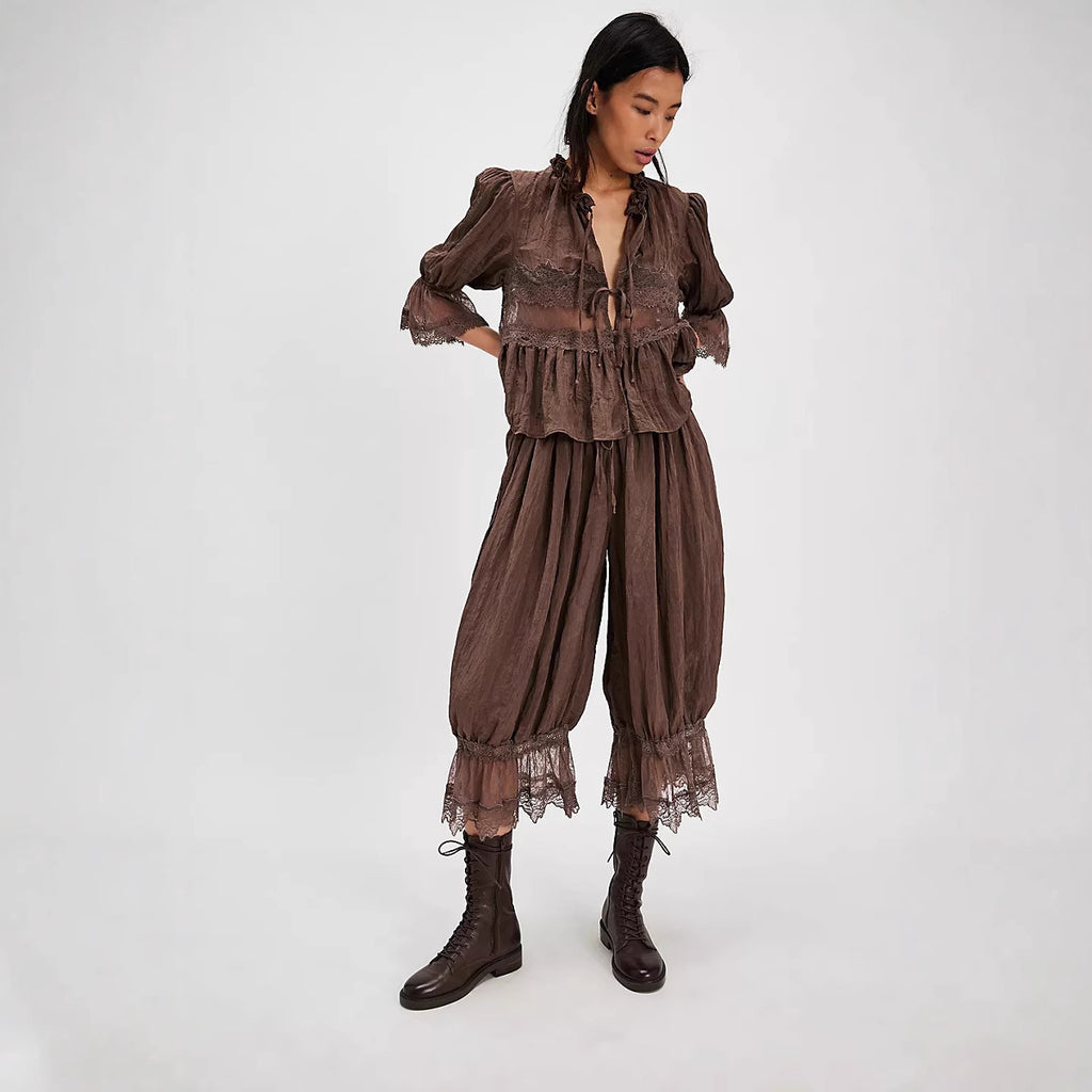 Womens Hollowed-Out Lace-Laced Loungewear Mid-Length Pants