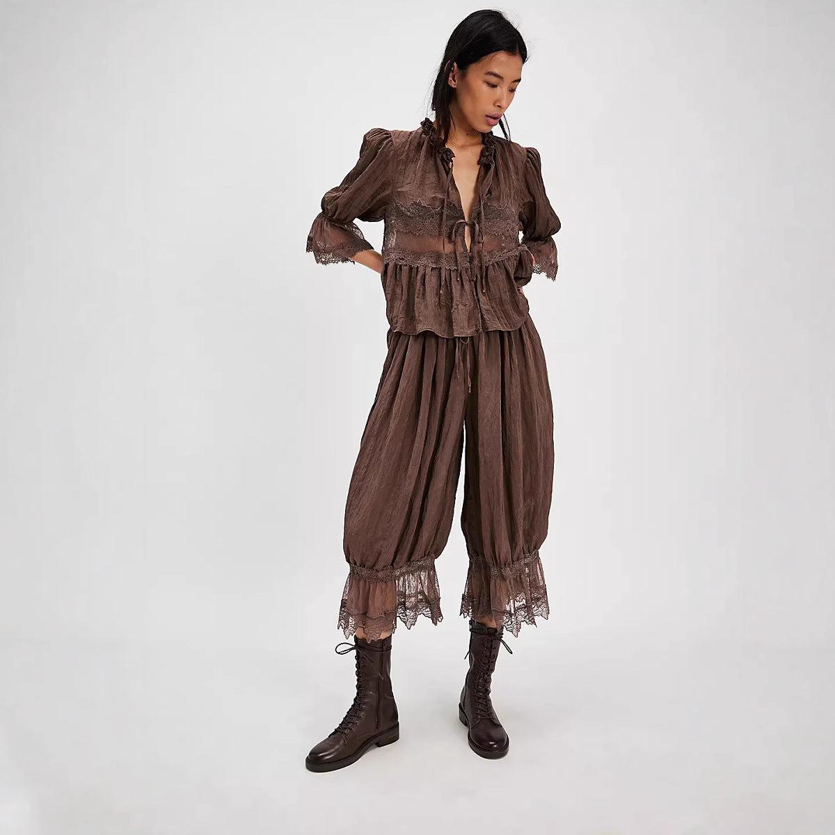 Womens Hollowed-Out Lace-Laced Loungewear Mid-Length Pants