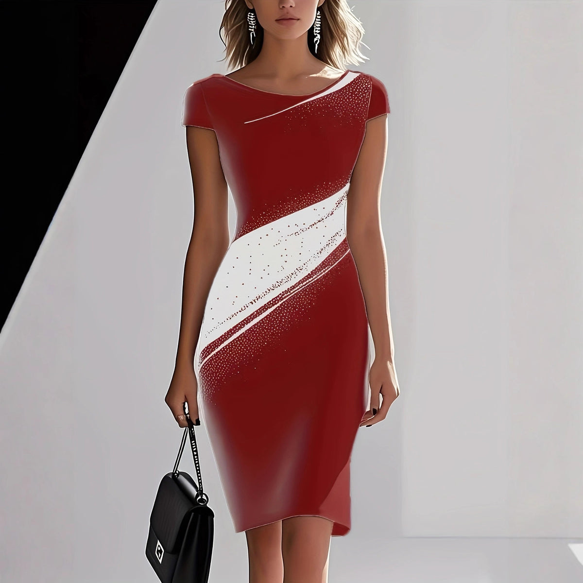 Elegant Black-and-white Contrast Long-sleeve Slim-fit Midi Dress