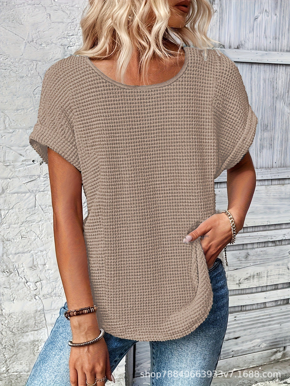 Womens Simple Versatile Lace-Patchwork Crew-Neck Short-Sleeve Top