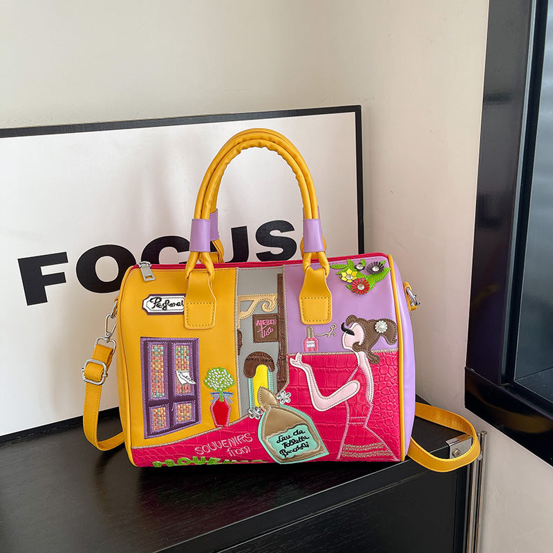 High-capacity Premium Boston Bag With Embroidered Patchwork Design