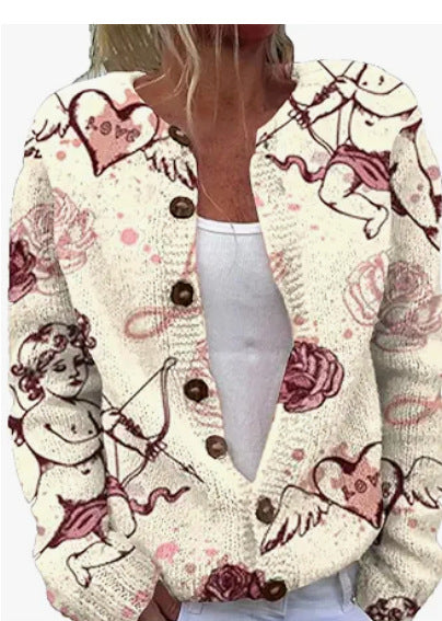 Digital-print Cardigan Knitted Jacket Faux Sweater For Women
