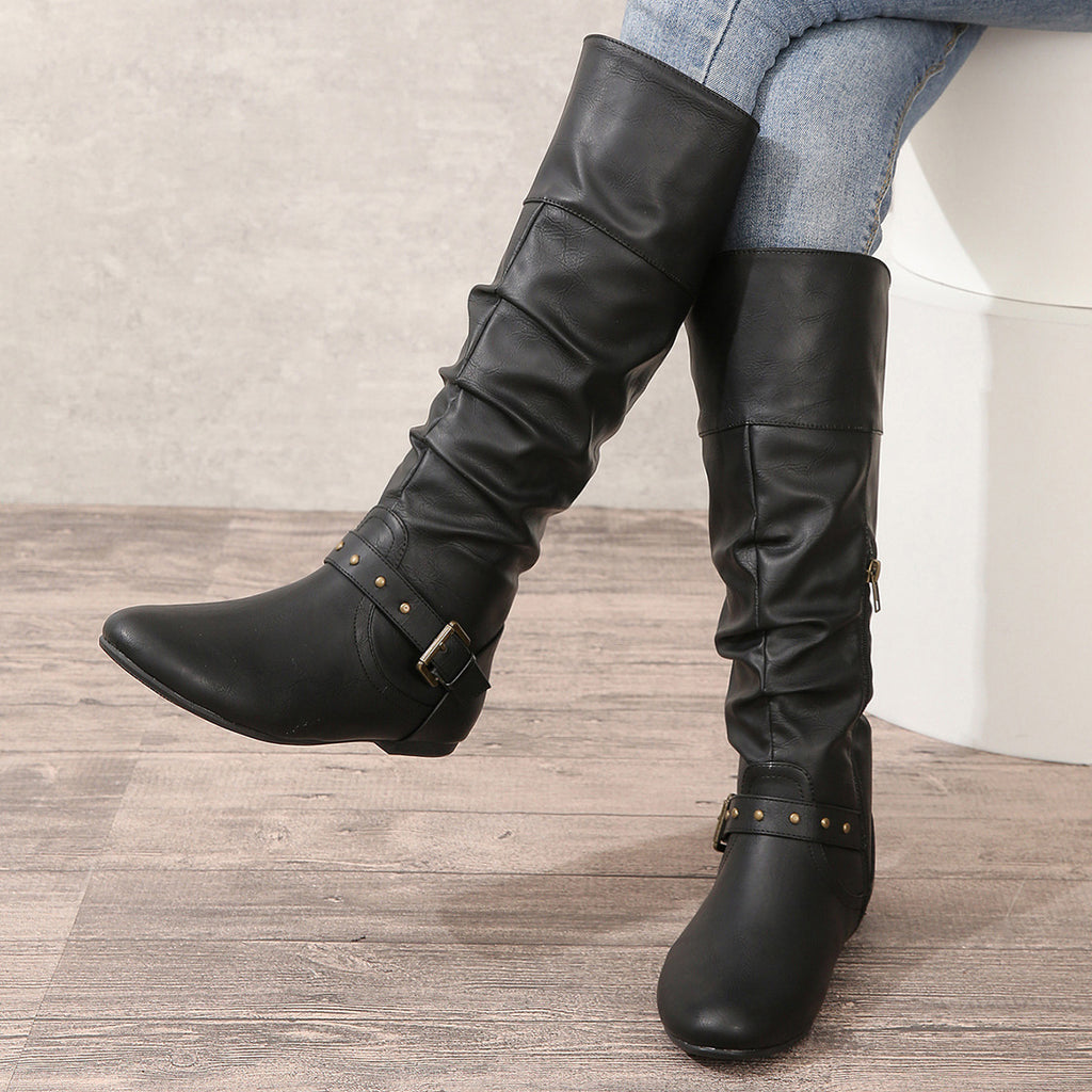 Retro-cuff Leather Belt-buckle Round-toe Womens Boots