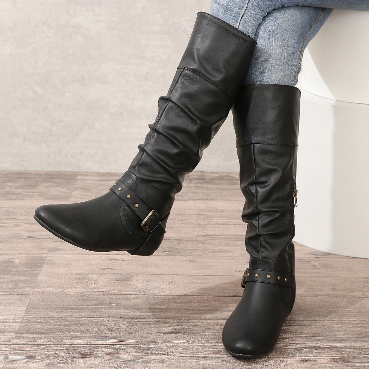 Retro-cuff Leather Belt-buckle Round-toe Womens Boots