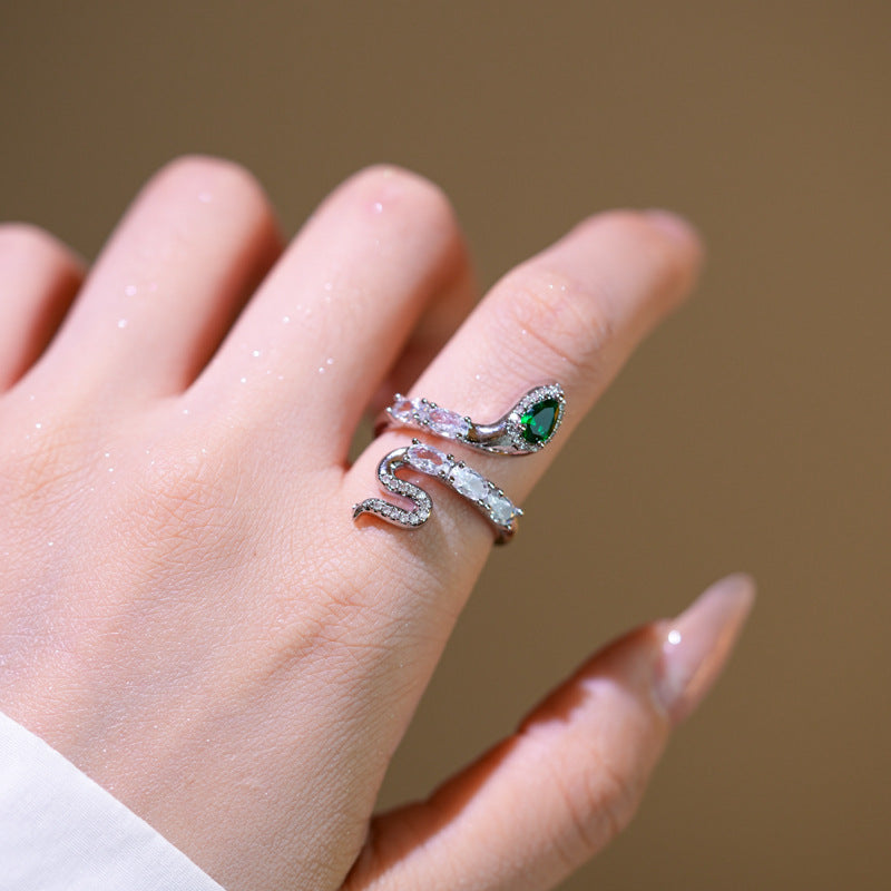 New Chinese Style Zircon Emerald Small Snake Opening Ring