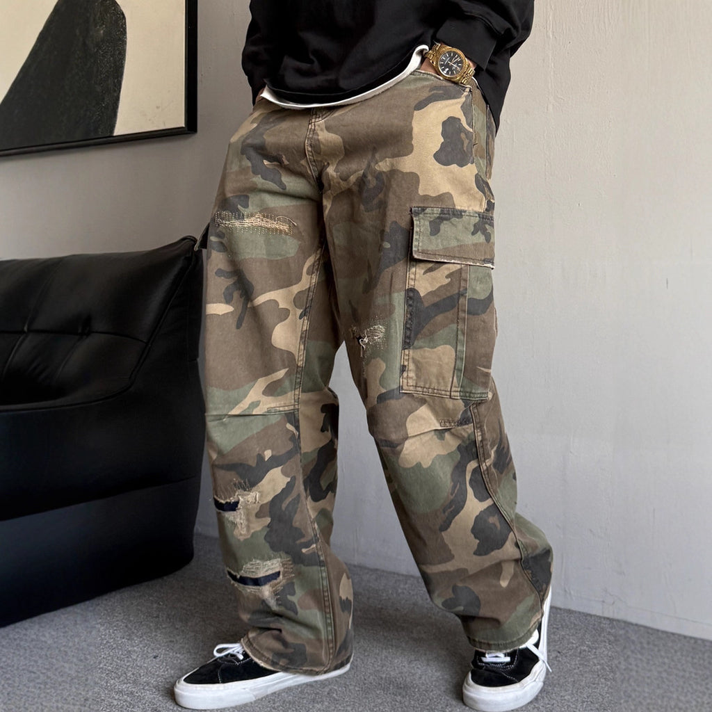 Retro Patchwork Ripped Bootcut Jeans With Large Pockets From A Trendy Streetwear Brand