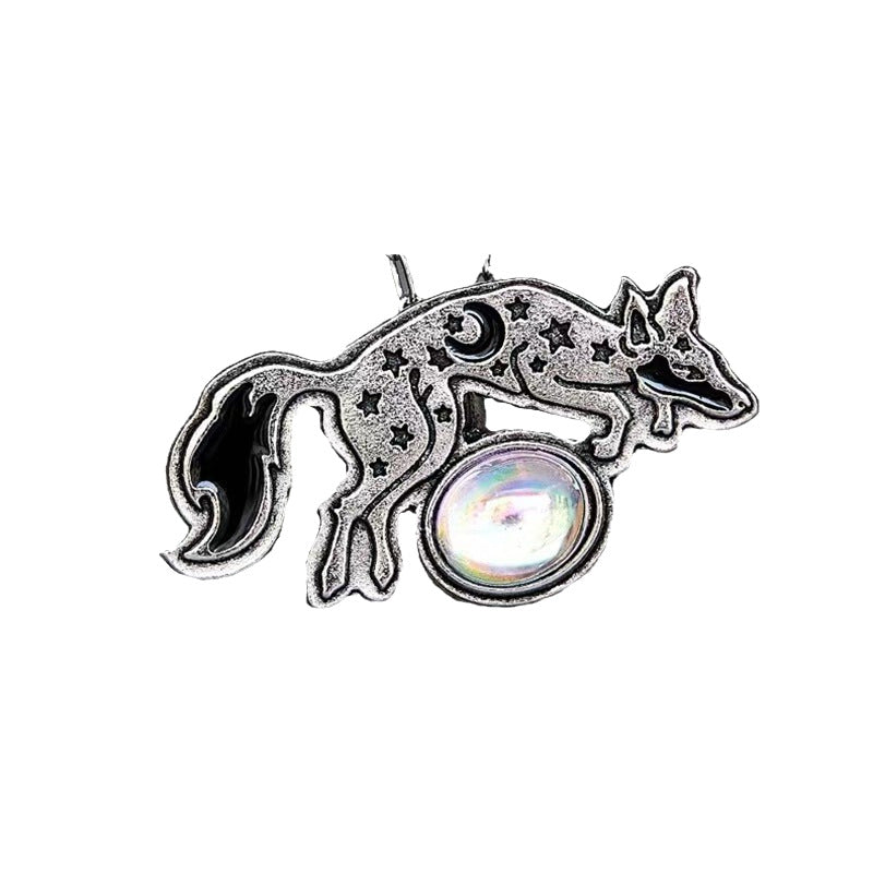 Retro Fox Star And Moon Carved Pendant Necklace With Moonstone Inlay