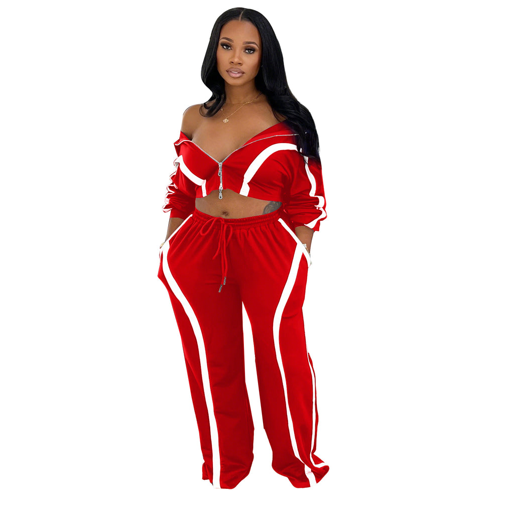Contrast-color Long-sleeve Cardigan Sports-style Two-piece Set, Fashionable And Casual