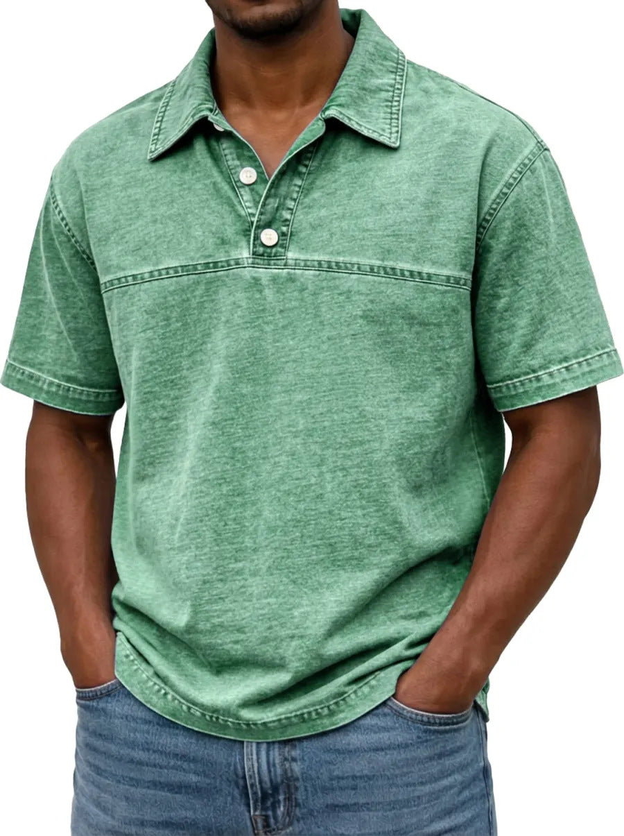 Mens Stylish Solid-color Vintage Short-sleeve Lapel Polo Shirt