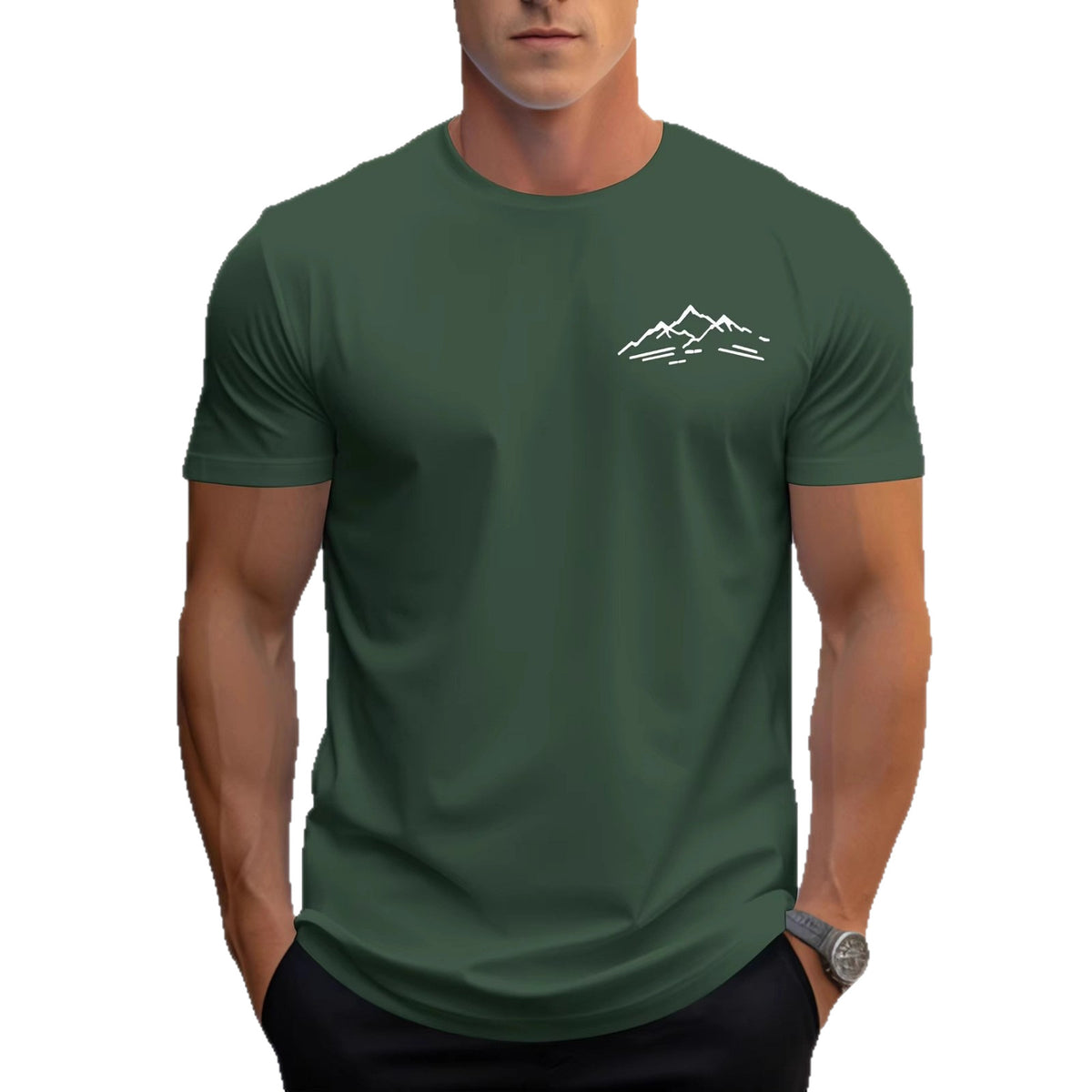 Cotton Relaxed Fit Mountain Pattern Printed Crew Neck Short Sleeve T Shirt For Sports