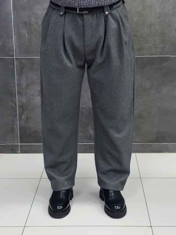 Dark Grey Wool Blend High Waist Pleated Relaxed Pants