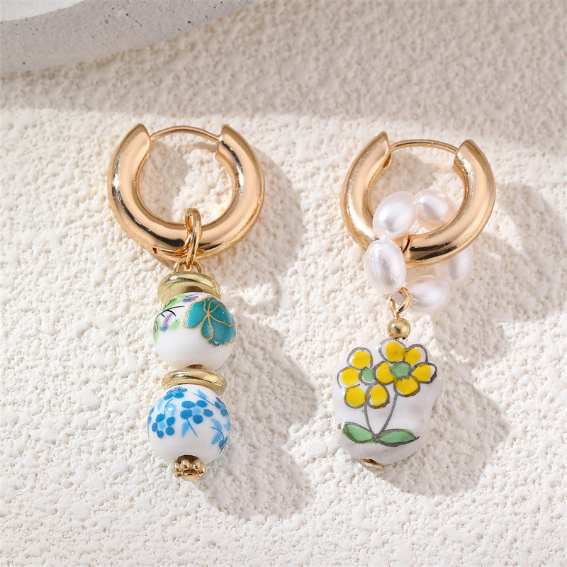 European And American Blue-and-White Porcelain Floral Pearl Earrings Sweet Womens Copper Ear Clips