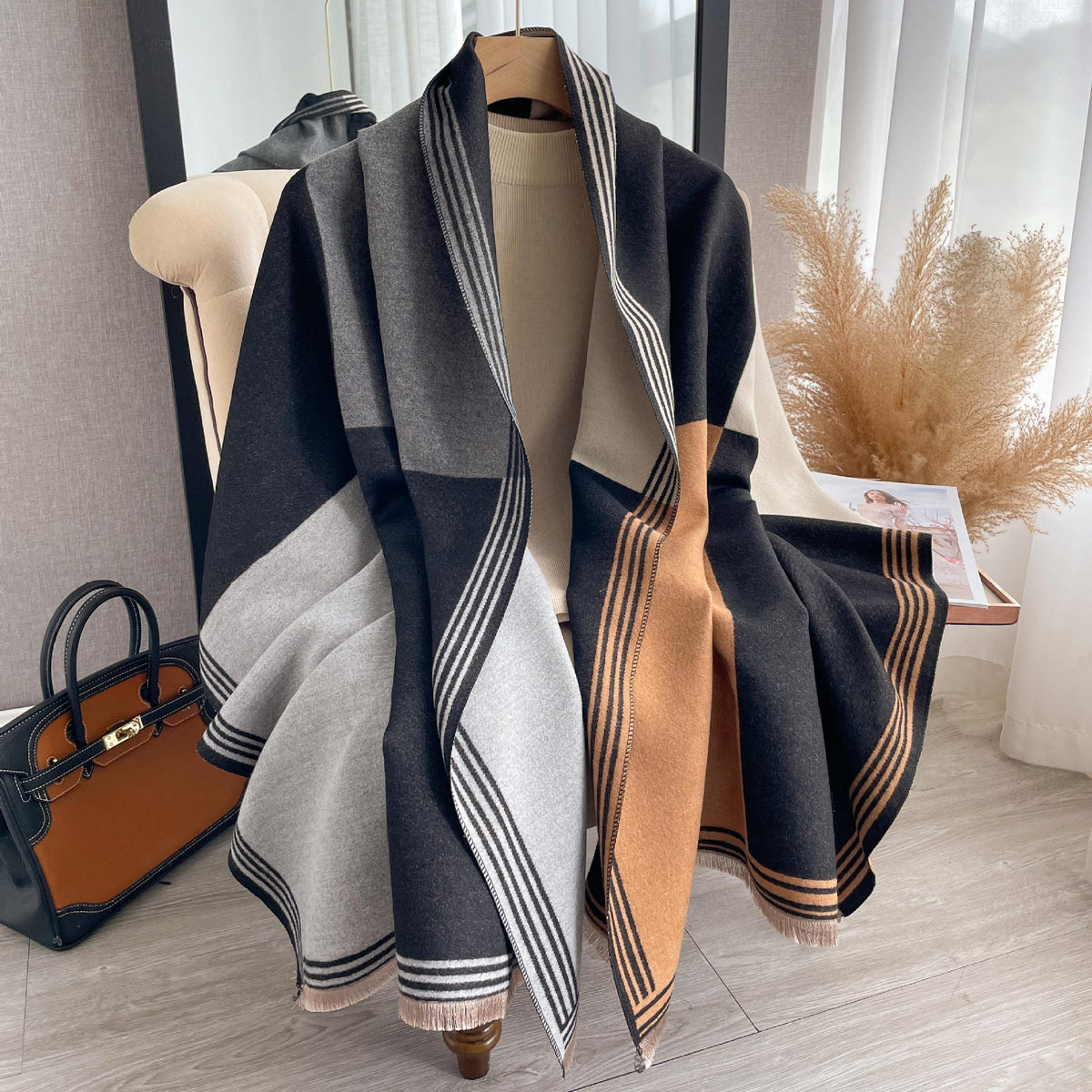 Korean-style Color-Block Fashion Faux Cashmere Scarf Womens Dual-Use Air-Conditioning Shawl