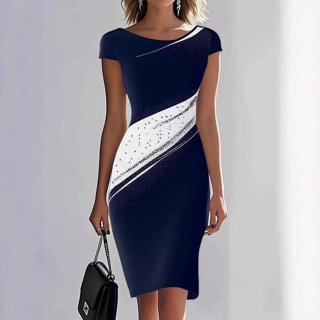 Elegant Black-and-white Contrast Long-sleeve Slim-fit Midi Dress