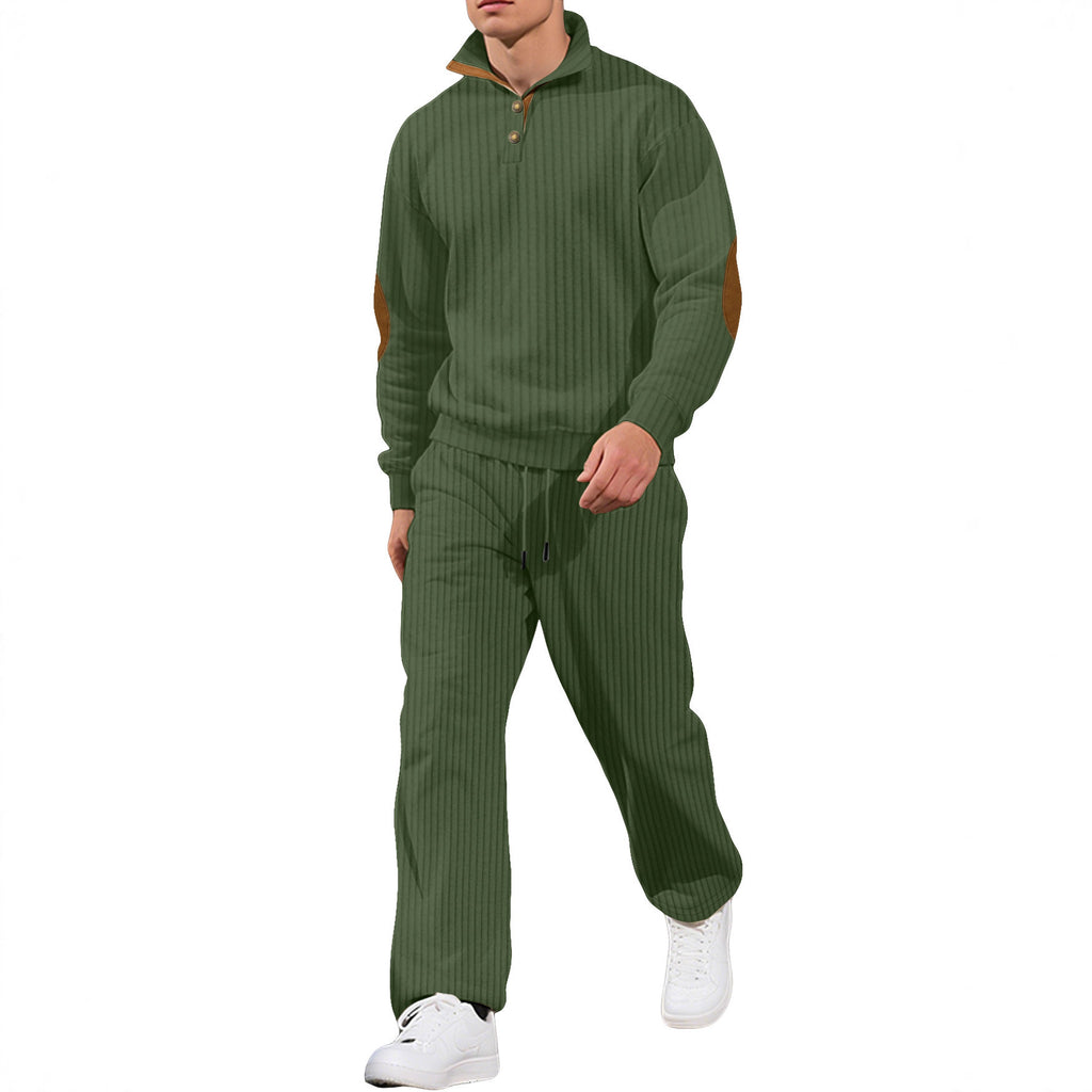 Mens Casual Trousers And Stand-collar Versatile Jacquard Ribbed Knit Top Autumn Outfit Set