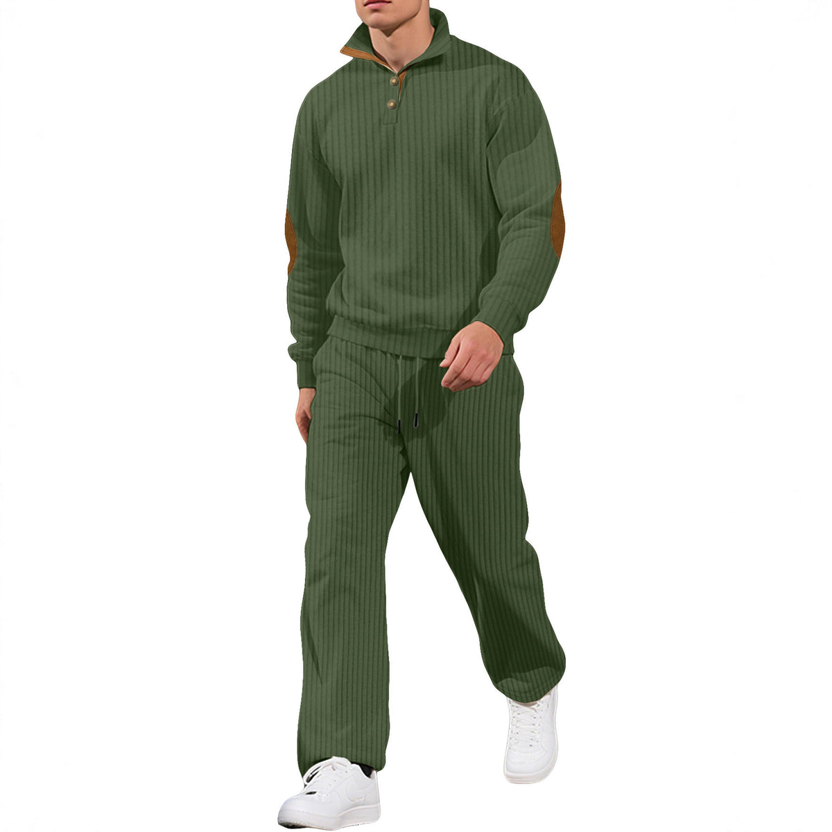 Mens Casual Trousers And Stand-collar Versatile Jacquard Ribbed Knit Top Autumn Outfit Set