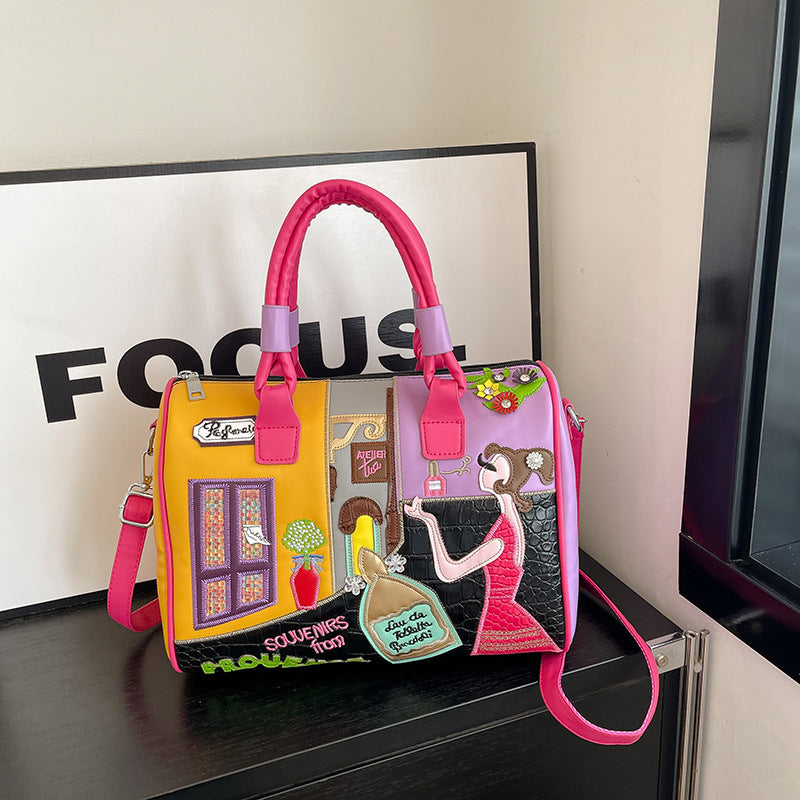 High-capacity Premium Boston Bag With Embroidered Patchwork Design