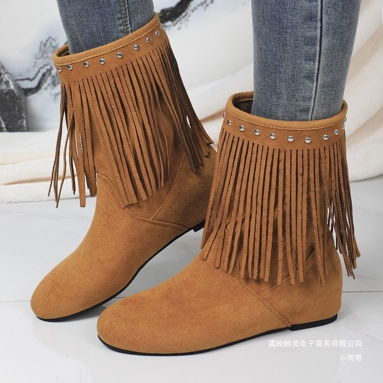 Plus Size Studded Suede Tassel Boots For Women