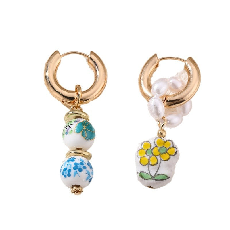 European And American Blue-and-White Porcelain Floral Pearl Earrings Sweet Womens Copper Ear Clips