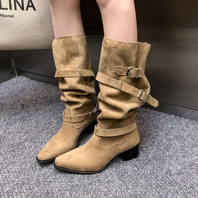 Womens Suede Pointed Toe Chunky Heel Ankle Boots