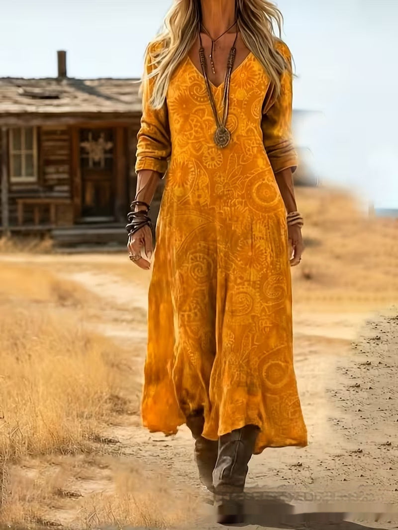 Womens 3D-printed V-neck Long-sleeve Dress