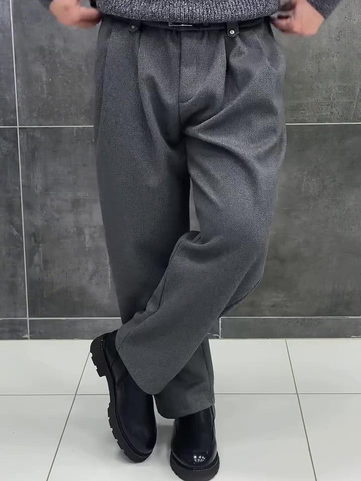 Dark Grey Wool Blend High Waist Pleated Relaxed Pants