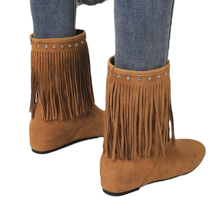 Plus Size Studded Suede Tassel Boots For Women